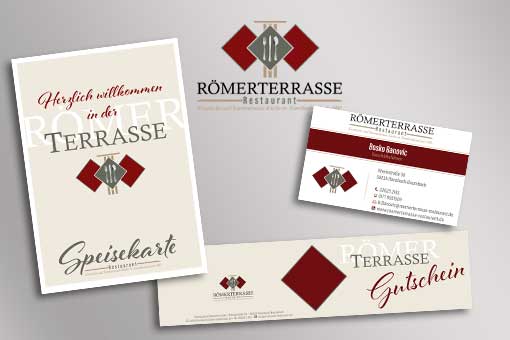 Print und Gestaltung von Logo, Visitenkarte, Speisekarte und Gutschein für das Restaurant Römerterrasse in Ransbach-Baumbach.