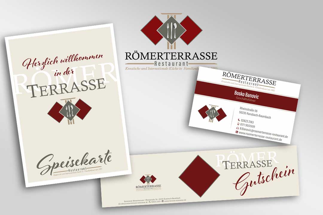 Print und Gestaltung von Logo, Visitenkarte, Speisekarte und Gutschein für das Restaurant Römerterrasse in Ransbach-Baumbach.